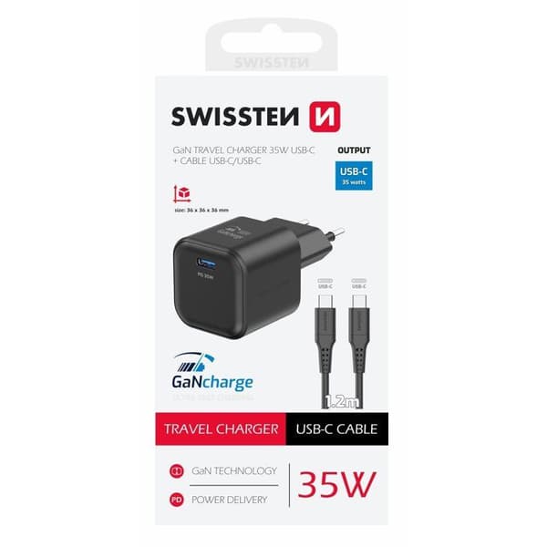 Swissten Nätverksadapter GaN 1x USB-C 35W Power Delivery Datakabel USB-C/USB-C 1.2m Svart