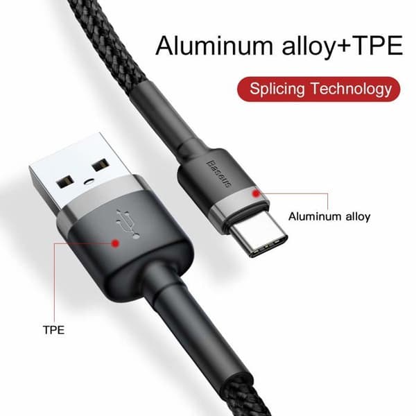 USB Typ-C datakabel, 2A, 2m - Baseus Caféine (CATKLF-CG1) - Grå Svart