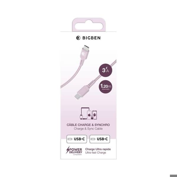 USB-C/USB-C Laddnings- och Överföringskabel 3A Power Delivery 60W 1.2m BigBen Connected Rosa