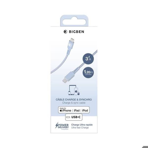 USB-C / Lightning Laddare och Överföringskabel 3A Power Delivery 60W 1.2m BigBen Connected Blå