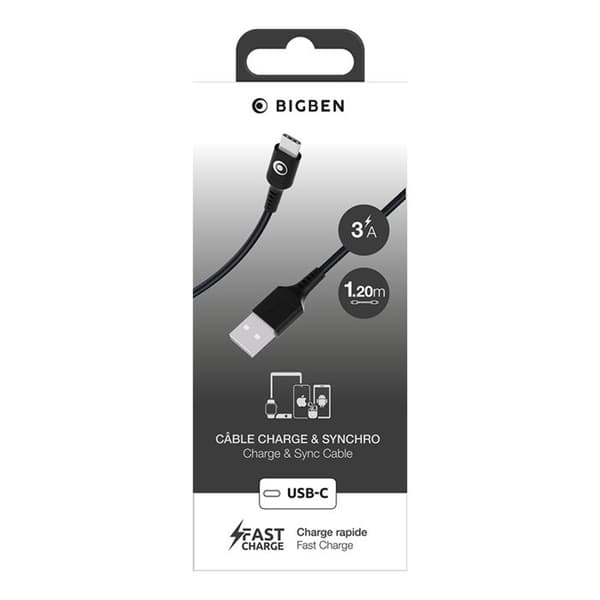 USB-A till USB-C FastCharge 15W 3A i vävd nylon 1.2m BigBen Connected Svart