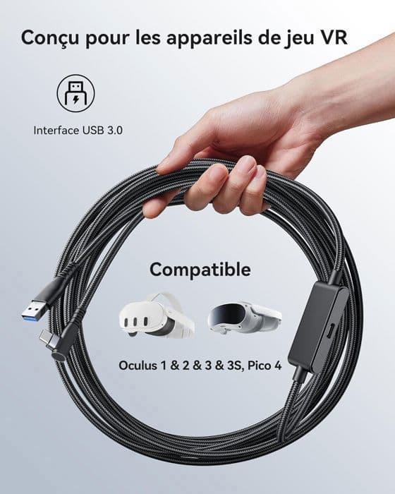 Kabel Link-USB C-5m-Kompatibel med Meta Oculus Quest 3, Steam VR, USB 3.0 Höghastighetsdatakabel