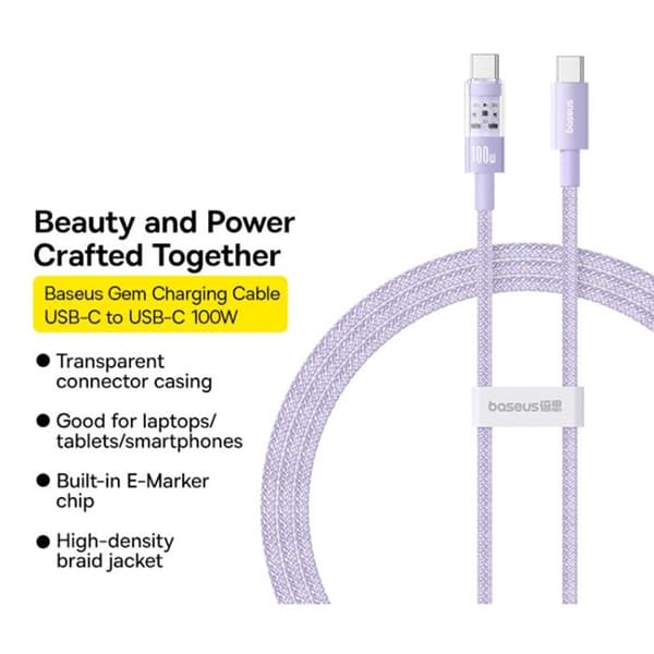USB-C till Typ-C-kabel, Super snabb laddning 100W, 1m - Baseus Gem (P103737300051111-00) - Nebula Lila