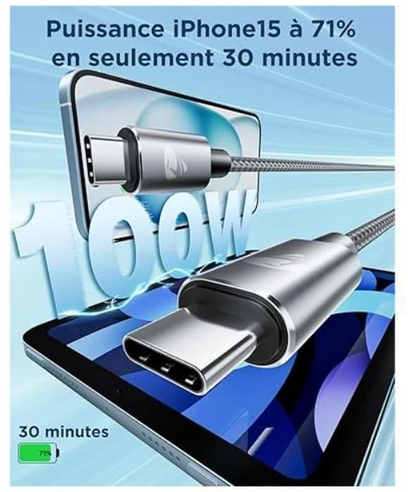 USB C till USB C-kabel [1m+1m/Pack om 2] 100W USB C Snabbladdningskabel 5A PD3.0, Typ C Nylon USB C Sladd för iPhone 16 15