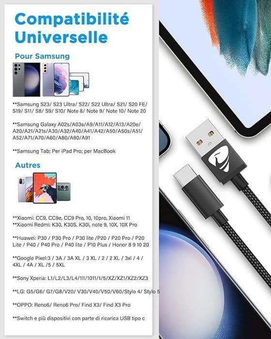 USB C-kabel, [1M/2-pack] Snabbladdningskabel USB C 3A Typ C Flätad kabel USB till USB C för Samsung Galaxy S21 S22