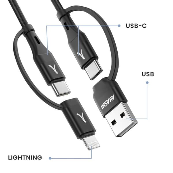 Kabel 4 i 1 USB-C och USB till USB-C och Lightning Laddning 20W 1m Akashi Svart