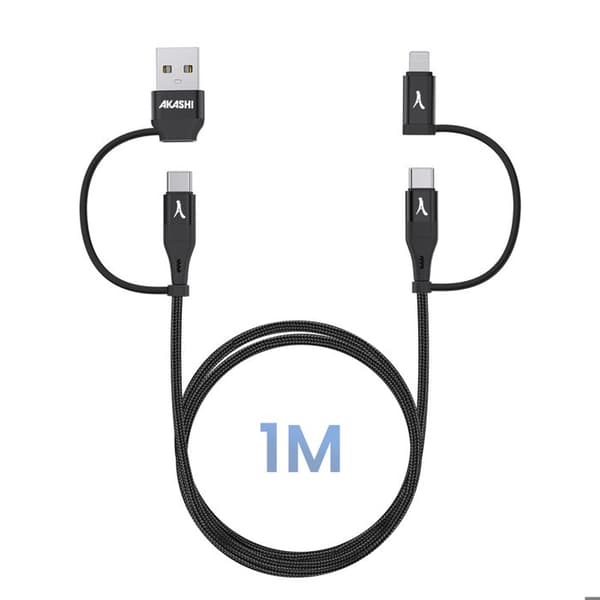 Kabel 4 i 1 USB-C och USB till USB-C och Lightning Laddning 20W 1m Akashi Svart