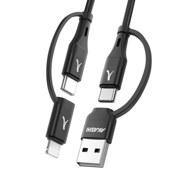 Kabel 4 i 1 USB-C och USB till USB-C och Lightning Laddning 20W 1m Akashi Svart