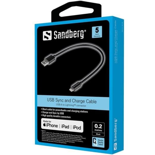 SANDBERG USB>LIGHTNING MFI 0,2M SVART (441-40)