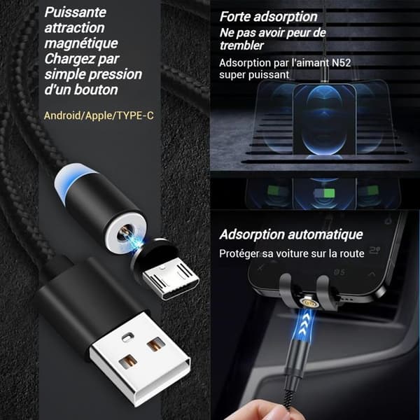 USB-kabel 1m med 3 utbytbara mikro-USB magnetiska laddningskablar datakabel laddarkabel laddningskabel USB-kabel