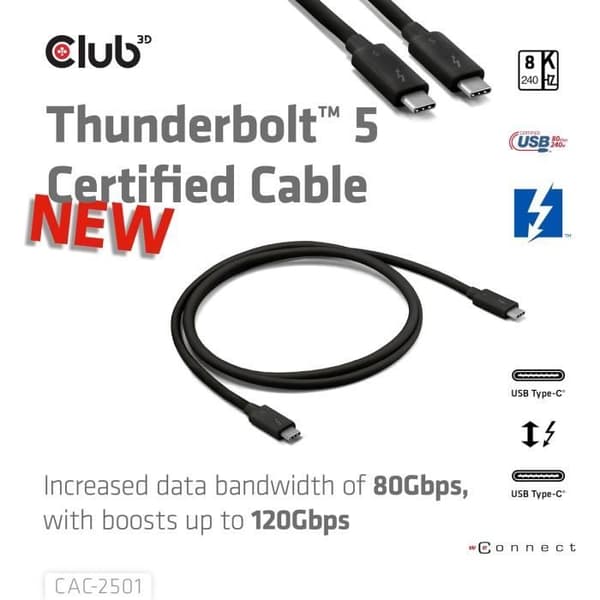 Club 3D CAC-2501 Thunderbolt 5 Certifierad 8K240Hz Data 80/120Gbps EPR 240W Kabel M/M 1m
