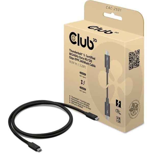 Club 3D CAC-2501 Thunderbolt 5 Certifierad 8K240Hz Data 80/120Gbps EPR 240W Kabel M/M 1m