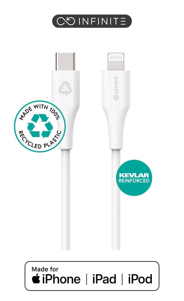 eSTUFF INFINITE USB-C til Lightning MFI-kabel 2m hvid. Genbrugt. Superblød, ES602270-BULK
