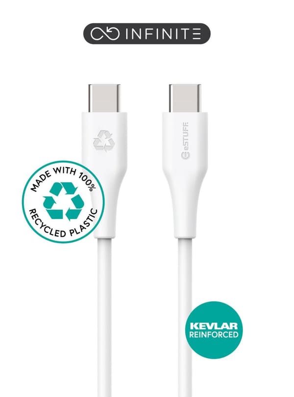 eSTUFF INFINITE USB-C till USB-C-kabel 0,5 m vit. Återvunnet material. Supermjuk, ES604070