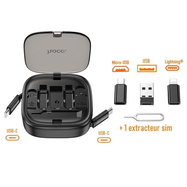 HOCO U140 Retraktabel Kabel 4-i-1 Snabbladdning PD 60W – USB-C, Lightning, Micro USB till USB-C och USB-A 0,95 m Stöd för extra kraft