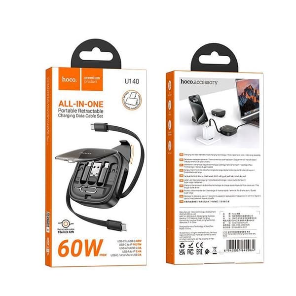 HOCO U140 Retraktabel Kabel 4-i-1 Snabbladdning PD 60W – USB-C, Lightning, Micro USB till USB-C och USB-A 0,95 m Stöd för extra kraft