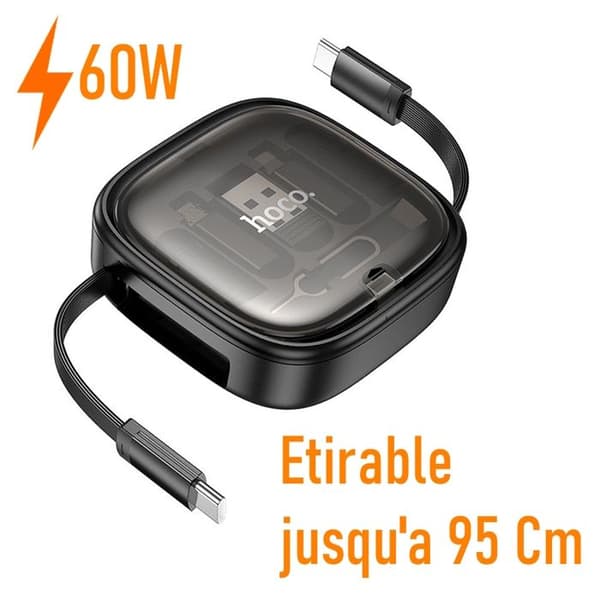 HOCO U140 Retraktabel Kabel 4-i-1 Snabbladdning PD 60W – USB-C, Lightning, Micro USB till USB-C och USB-A 0,95 m Stöd för extra kraft