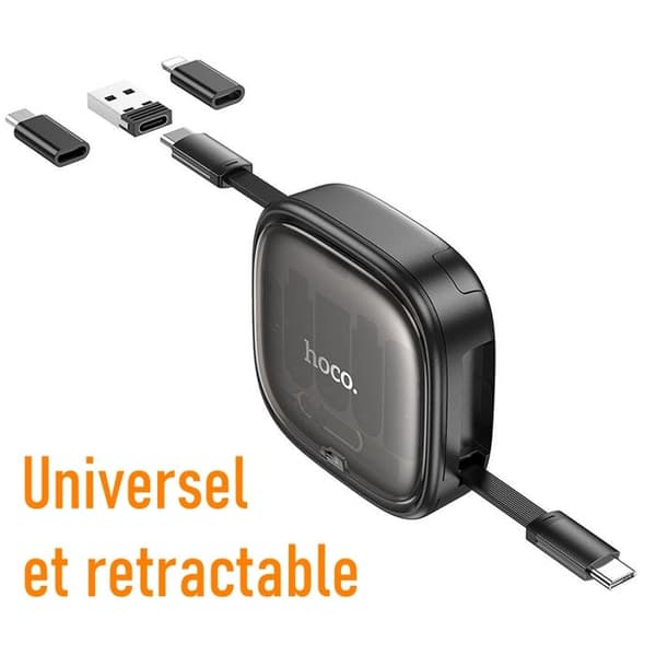 HOCO U140 Retraktabel Kabel 4-i-1 Snabbladdning PD 60W – USB-C, Lightning, Micro USB till USB-C och USB-A 0,95 m Stöd för extra kraft