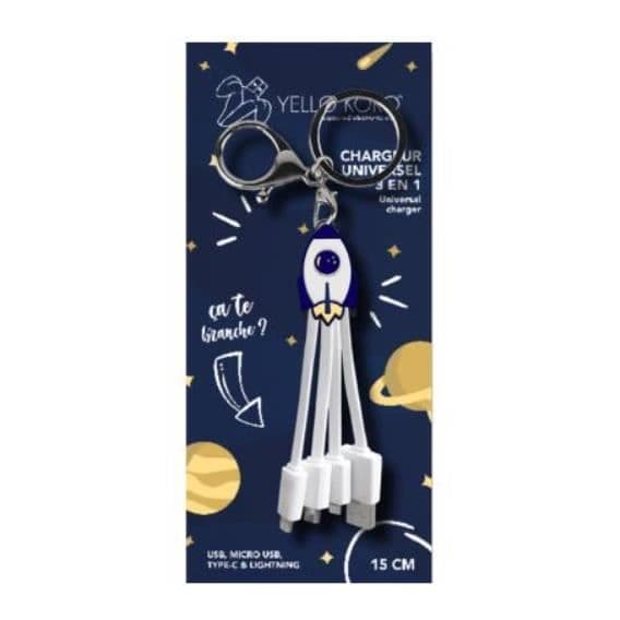 Cabel 3 i 1 Andy USB-C/Micro-USB/Lightning till USB-A 3A Raketer Nyckelring YELLO KOKO Vit / Blå