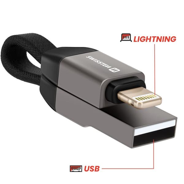 Magnetisk kabel iPhone Lightning / USB Nyckelring Kompakt 9.7cm Swissten Grå