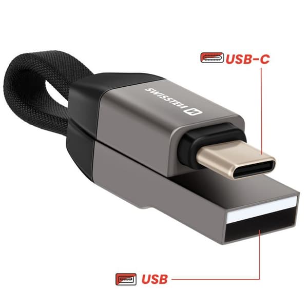 Magnetisk USB-C / USB Kabel Format Nyckelring Kompakt 9.7cm Swissten Grå