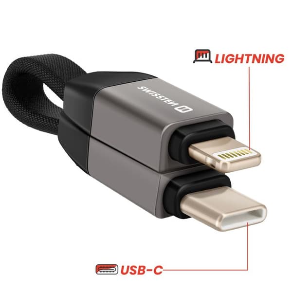 Cobalt Magnetisk iPhone Lightning / USB-C Nyckelring Kompakt 9.7cm Swissten Grå