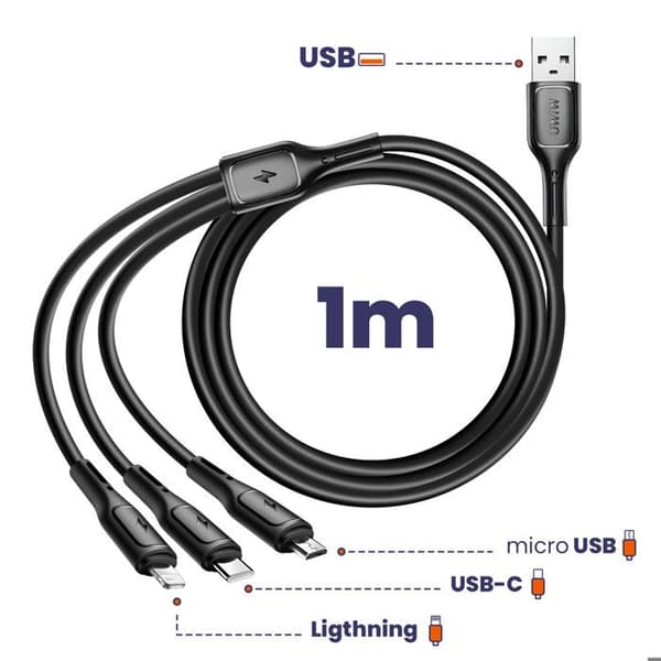 Cabel 3-i-1 USB-C, Micro USB och Lightning USB Kontakt Längd 1m wiwu Svart