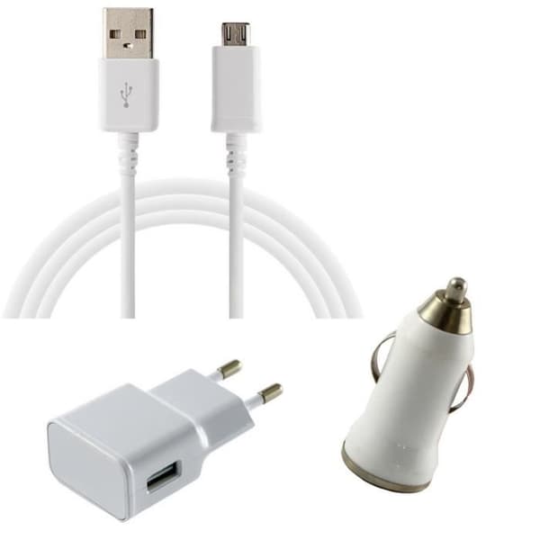 [Kompatibel Samsung Galaxy S3-S4-S5-S6-S7-MINI-EDGE] 3 i 1 Laddningspaket Kabel-Laddare Nätadapter-Biladapter Vit [Phonillic]