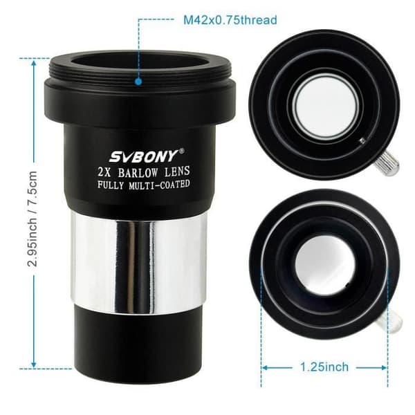 Svbony 2X 1,25" Multi-Coated HD Full Metal Barlow-objektiv för teleskop - Svart