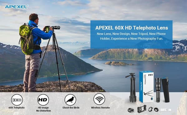 APEXEL Kraftig 60X Teleobjektiv for iPhone Kameralinse og Stativ for Måneskue / Fritid