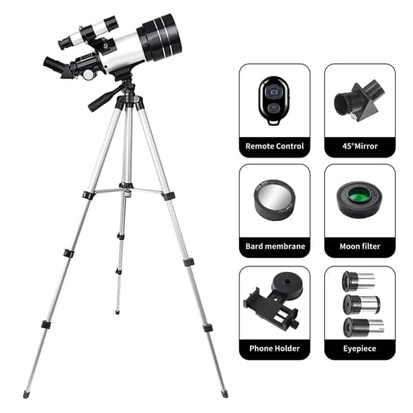 Professionellt astronomiskt teleskop, 70 mm objektivlins, 15X-150X förstoring,svart