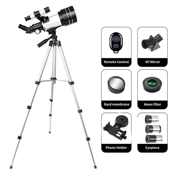 Astronominen taittomekanismi, 15-150X suurennus, 70 mm objektiivilinssi,VALKOINEN