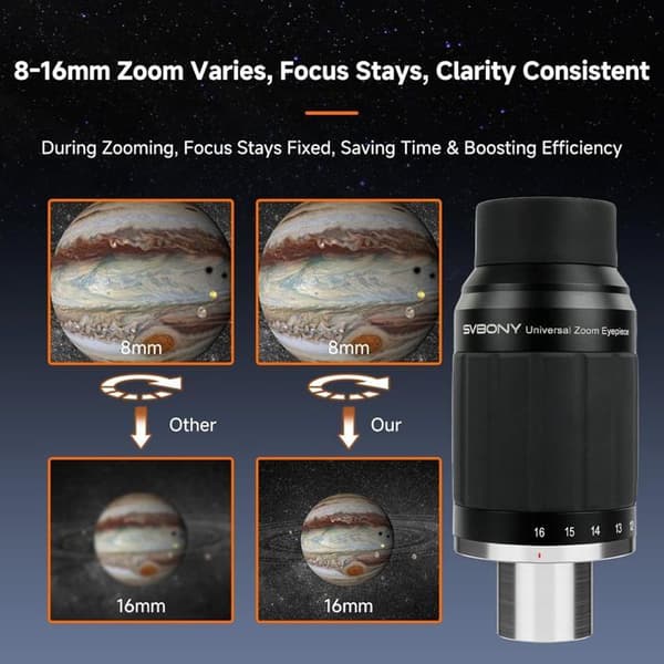 Svbony SV245 Teleskop Zoomokular, 1,25" 8mm -16mm, Konstant synfält på 63°, med 2" adapter för observation