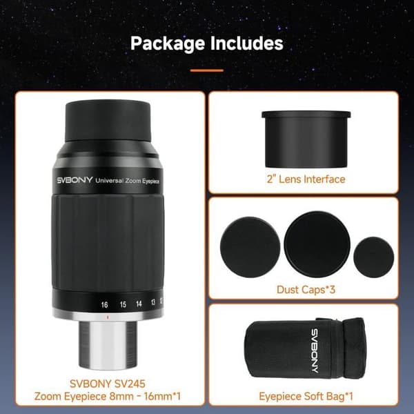 Svbony SV245 Teleskop Zoomokular, 1,25" 8mm -16mm, Konstant synfält på 63°, med 2" adapter för observation