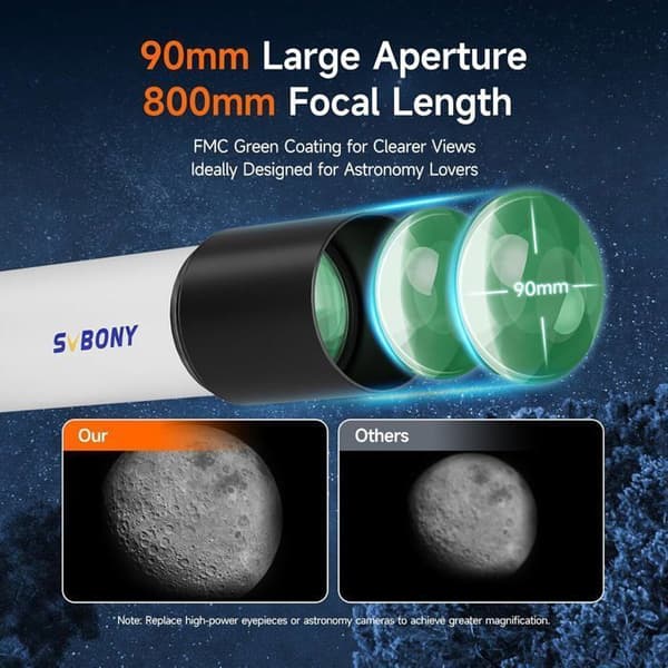 Svbony SV520 Teleskop, Öppning 90 mm, Brännvidd 800 mm, Altazimuthmontering och trådlös kontroll, Helt i metall teleskop