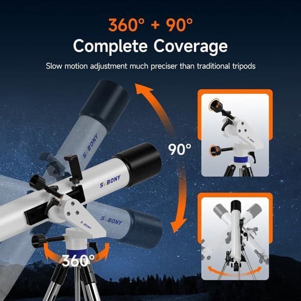 Svbony SV520 Teleskop, Öppning 90 mm, Brännvidd 800 mm, Altazimuthmontering och trådlös kontroll, Helt i metall teleskop