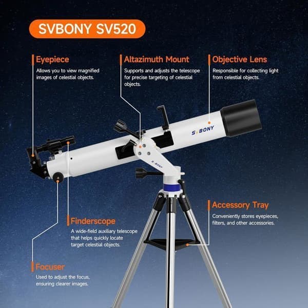 Svbony SV520 Teleskop, Öppning 90 mm, Brännvidd 800 mm, Altazimuthmontering och trådlös kontroll, Helt i metall teleskop
