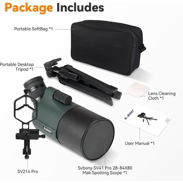 Svbony SV41Pro Mini observationsmakerteleskop med SV214Pro smartphoneadapter, 28-84 x 80 mm, kikare för skytte