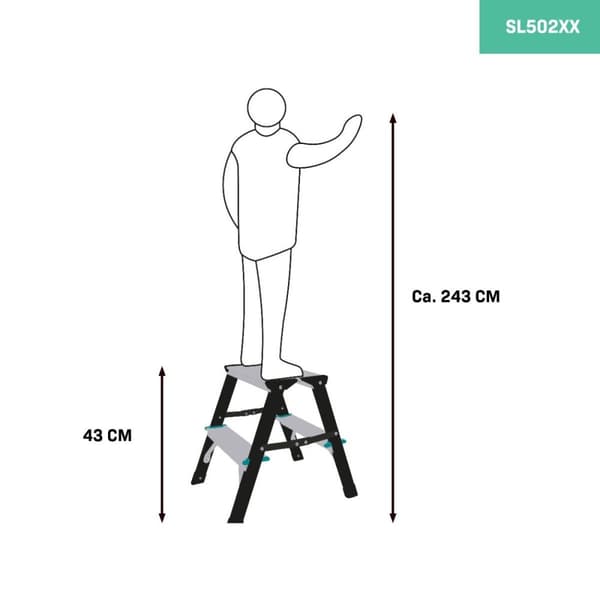 VONROC Arbejdsbuk | Trappestige - 2 trin | Dobbeltsidet - antislip | Max. kapacitet 150kg