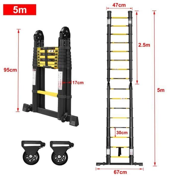 XMTECH hopfällbar teleskopstege i aluminium - 16 stegpinnar - Maximal belastning 150 kg - Svart