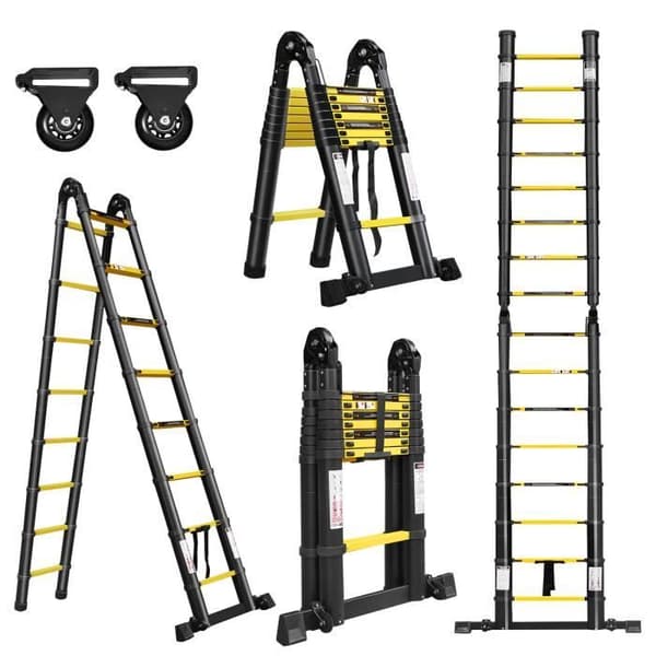XMTECH hopfällbar teleskopstege i aluminium - 16 stegpinnar - Maximal belastning 150 kg - Svart