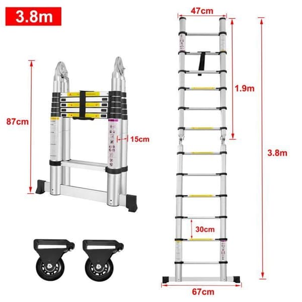 XMTECH 3.8M multifunktions hopfällbar teleskopstege i aluminium, maxlast: 150 kg - 12 stegpinnar, silver