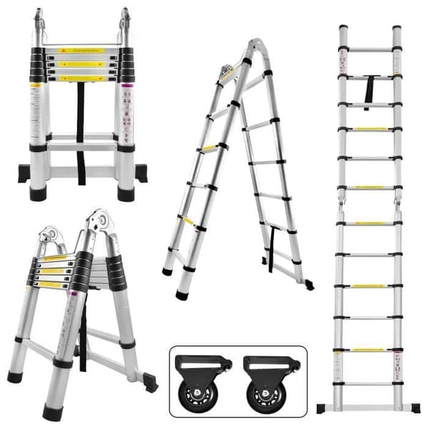 XMTECH 3.8M multifunktions hopfällbar teleskopstege i aluminium, maxlast: 150 kg - 12 stegpinnar, silver