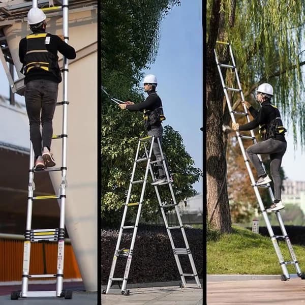 XMTECH multifunktions hopfällbar teleskopstege i aluminium - Maximal belastning 150 kg - 16 stegpinnar - Silver