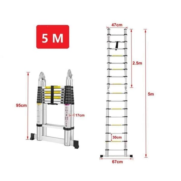 XMTECH multifunktions hopfällbar teleskopstege i aluminium - Maximal belastning 150 kg - 16 stegpinnar - Silver