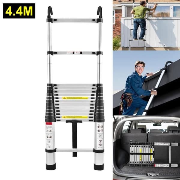 LZQ teleskopstege i aluminium - 4,4m - 15 stegpinnar - Avtagbara krokar