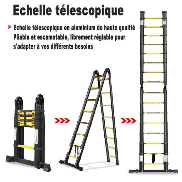 LZQ teleskopstege - Gul-svart - Fällbar - 1,9+1,9m - 12 steg - 150 kg