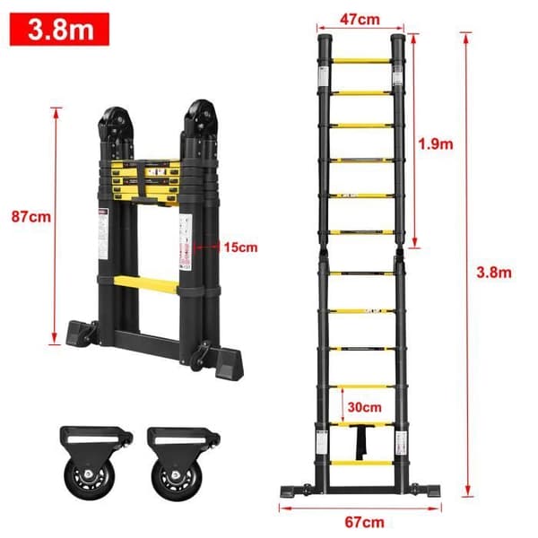 LZQ teleskopstege - Gul-svart - Fällbar - 1,9+1,9m - 12 steg - 150 kg