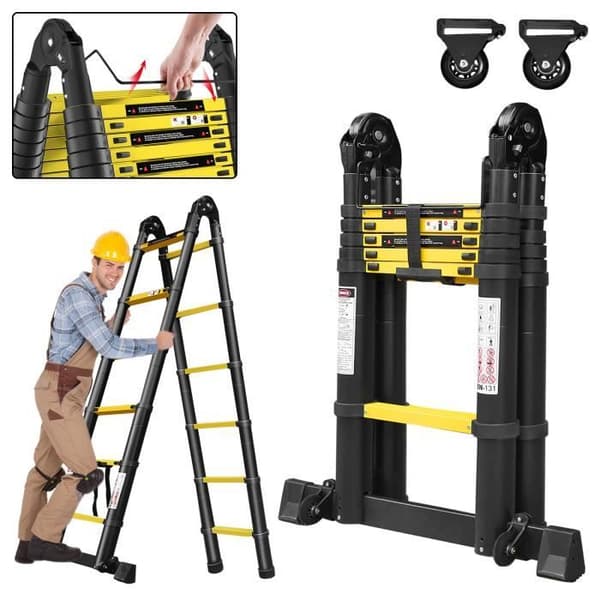 LZQ teleskopstege - Gul-svart - Fällbar - 1,9+1,9m - 12 steg - 150 kg