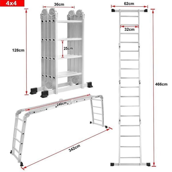 LZQ Multifunktionsstege 4x4 470cm 6 i 1 aluminium Multifunktionsstege Fällbar stege Hushållsstege Arbetsstege